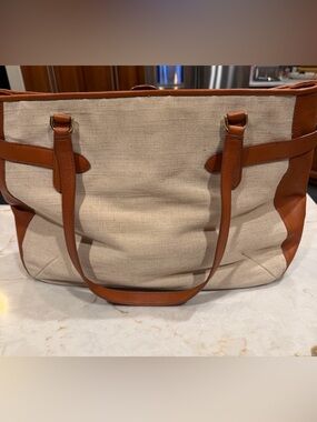 Talbots Cream Canvas Tote with Tan Leather Trim